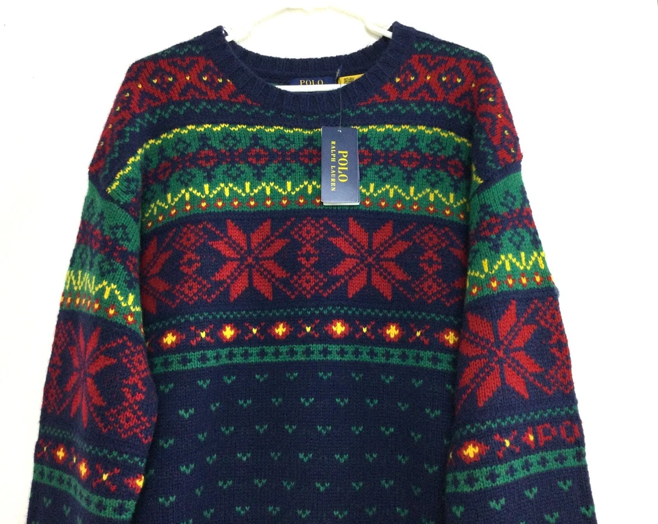 Polo Ralph Lauren Men 100% Wool Chunky Knit Fair Isle Snowflake Sweater M - Image 1 of 4