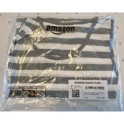Camiseta sin mangas para hombre Amazon Essentials calce ajustado gris claro blanco a rayas L nueva con etiqueta Foto 1 de 3