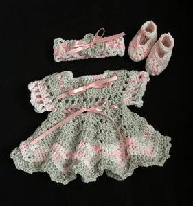 Crochet Gray  Baby or Reborn Doll Dress Headband and Shoes Handmade Preemie - Picture 1 of 1