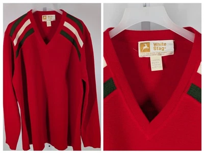 White Stag Vintage 70s Mod Geometric Red V Neck Sweater Red White Green XL NOS - Image 1 of 4