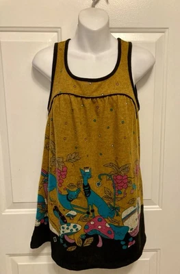 Xhilaration Retro Y2K Gold Sleeveless Cat & Mushroom Print Tunic Top Size M - Image 1 of 4