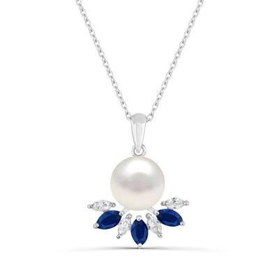 Colgante de plata de ley con perlas y zafiro blanco creado en laboratorio y perlas creadas en laboratorio Foto 1 de 4