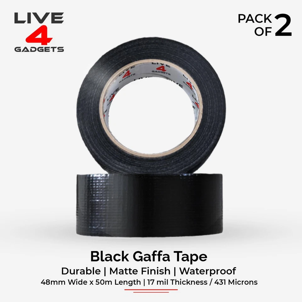 LIVE4GADGETS Duct Gaffer Tape Heavy Duty Waterproof Cloth Gaffa Duck Black Silver 50m x 2
