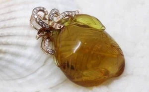 Vintage Natural 18K Solid Gold with Diamond Grade A Amber Pendant #P05024 - Picture 1 of 6