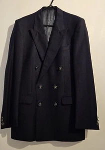 Vintage Smart Jaeger Double Breasted Wool Silver Button Blazer Navy Mens - Picture 1 of 11