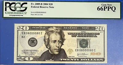 USA 2004 (A) $20 Fr# 2089-B RADAR & ROTATOR Serial 08000080 GEM UNC PCGS 66 PPQ - Image 1 of 2