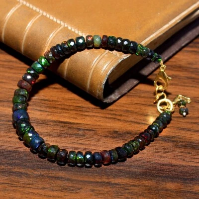 Pulsera con cuentas de ópalo negro + cuentas de ópalo facetadas de fuego Welo + piedra de nacimiento de octubre de 8 pulgadas Foto 1 de 4