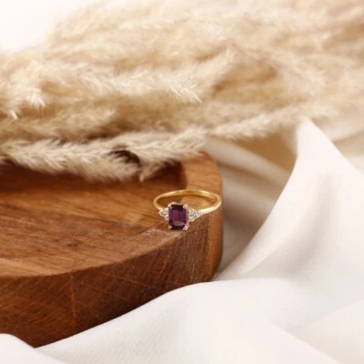 Natural Purple Amethyst 14K Yellow Gold Plated On Silver Art Deco Promise Ring - Image 1 of 4