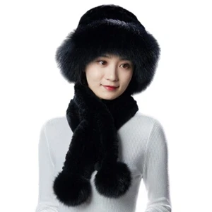 Real Rex Rabbit Fur Hat Scarf Sets Lady Winter Warm Cap Fox Fur Brim Fluffy Soft - Picture 1 of 18