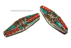 Nepal Perlen 2 Nepalesische Perlen Tibetperlen Handarbeit Koralle Türkis Beads B205 - Bild 1 von 2