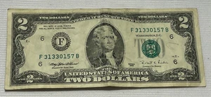 1995 Federal Reserve Jefferson 2 Dollar Bill Series F 31330157 B - Circulated - Picture 1 of 2