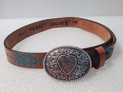 Cinturón Justin Hope Marrón Turquesa Cuero Tooled Plateado Hebilla Corazón Niñas Talla 26 Foto 1 de 4