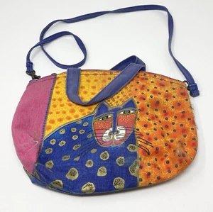 Vintage Laurel Burch Cat Purse Crossbody Canvas Signed Missing Zip Pull As Is - Picture 1 of 23