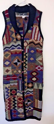 PERUVIAN CONNECTION 100% Lana Cárdigan Largo Maxi Suéter Chaleco Plumero Talla Pequeña Foto 1 de 4