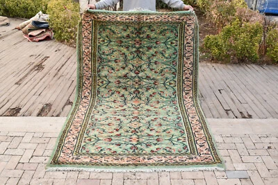 Turkish Rug 5x8 Size Handwoven Oushak 165x250cm Natural Soft Wool Green Carpet - Image 1 of 4