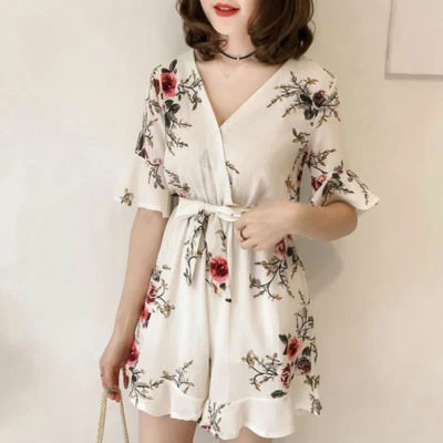 Women Floral Ruffle Sleeve Jumpsuit Chiffon V Neck Lace Up Playsuit Short Pants - image 1 of 4