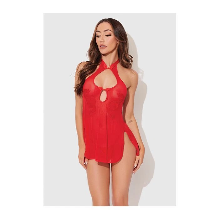 House of Desire Dragon Malla y Apliques Chemise con Tanga Juego de 2 piezas Rojo Foto 1 de 1