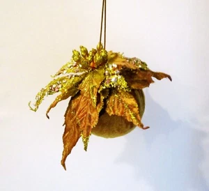 Embellished Amber Colored Suede Like Ball Ornament w Gold Colored Leaf Accents - Picture 1 of 8