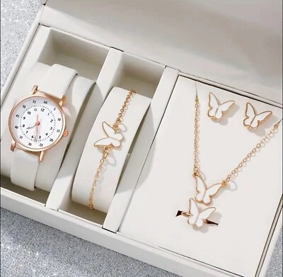 6pcs/set Stylish PU Leather Round Quartz Watch & Butterfly Jewelry Set - Image 1 of 4