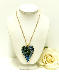 COLORFUL BLUE MOSAIC ACRYLIC HEART PENDANT NECKLACE 26" - Picture 1 of 5