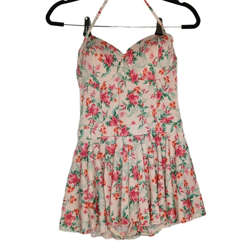 Bettie Page Halter Tropical Floral Hibiscus NWT Swim Dress Size 12 - Image 1 of 4