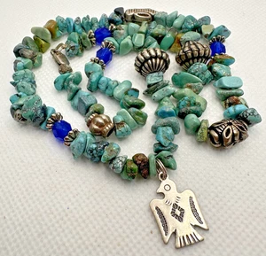 Native American Turquoise Sterling Thunderbird Necklace Vintage Beaded - Picture 1 of 11