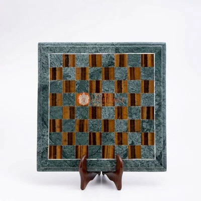 Green Marble Handmade Chess Set Table Top Inlaid Tiger Eye Mosaic Design Decor - Image 1 of 4
