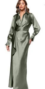 XSCAPE Satin Shirtdress Longsleeve Gown Long Dress Dark Olive Green Size 6 - Picture 1 of 17