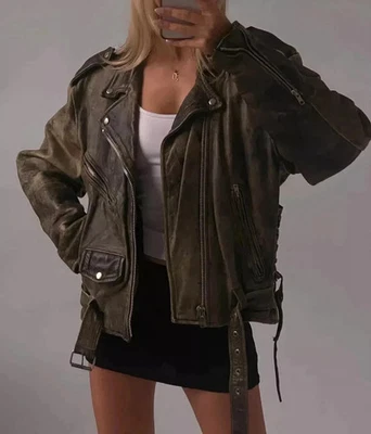 Chaqueta de cuero de gran tamaño años 60 para mujer hecha a mano cuero genuino marrón envejecido Foto 1 de 4