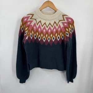 UpWest Sweater Womens XS Blue Pink Fair Isle Knit Pullover Cozy Balloon Sleeve - Picture 1 of 9