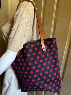 Ручной работы джинсовой ткани сумка с короткими ручками средний покупатель сумочки кожаные ремни синий красный горошек 12» - Изображение 1 из 4