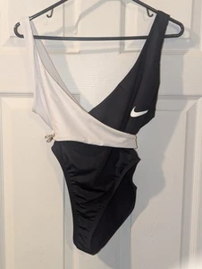NIKE Swimsuit Women's Medium Black White 1 Piece Crossbody Color Block - Picture 1 of 6