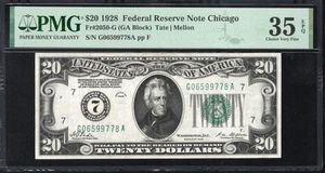 1928 $20 CHICAGO NUMERICAL FEDERAL RESERVE NOTE PMG 35 EPQ  Fr 2050-G 99778 - Picture 1 of 2