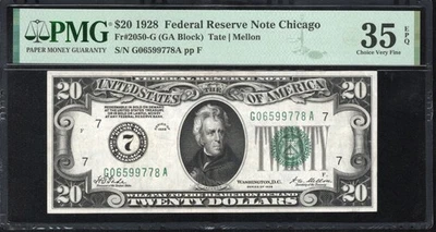 1928 $20 CHICAGO NUMERICAL FEDERAL RESERVE NOTE PMG 35 EPQ  Fr 2050-G 99778 - Image 1 of 2