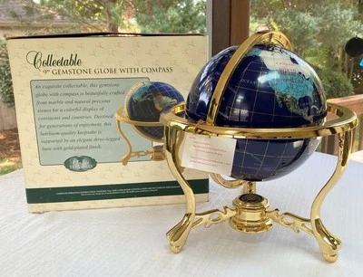 "Brújula clásica de 13"" de alto con soporte dorado globo de piedras preciosas colocadas a mano tesoros" Foto 1 de 4