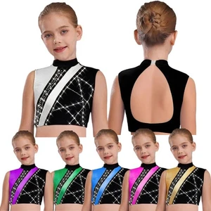Kids Girls Gymnastics Dance Top Shiny Rhinestone Crop Tank Top Ballet Dance - Picture 1 of 53