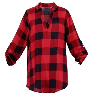 Women’s Size 2XL Black Red Buffalo Plaid V Neck Gabby Shirt Top - Image 1 of 4
