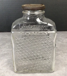Vintage Glass Lake Shore Pure Honey Bee Jar Honeycomb Threaded Metal Lid - Picture 1 of 4