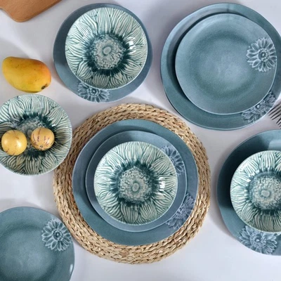 Melamine Dinnerware Sets of 12Pcs,Dishes Set for 4, Blue Dinnerware Sets, Sui... - Image 1 of 4