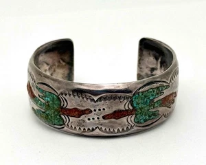 Vintage Delvin Nelson DJN Sterling Silver Turquoise & Coral Peyote Cuff Bracelet - Picture 1 of 5