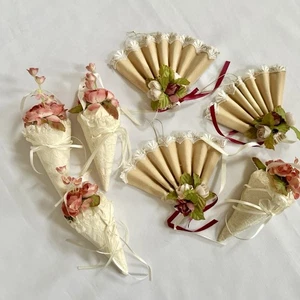 Vtg Victorian Style Set Of 7 Christmas Ornaments Velvet Lace Ribbon Cream Rose - Picture 1 of 19