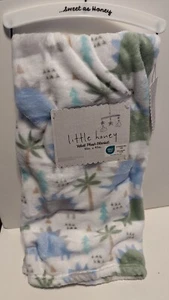 NEW Little Honey Baby Blanket Velvet Plush 30in X 40in Dinosaur Blue Green Soft - Picture 1 of 5