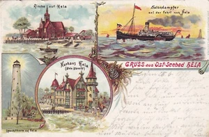 Greetings from Hela Hel Postcard 1899 Litho Lighthouse Steamer Church Poland Polska 2504197 - Picture 1 of 2