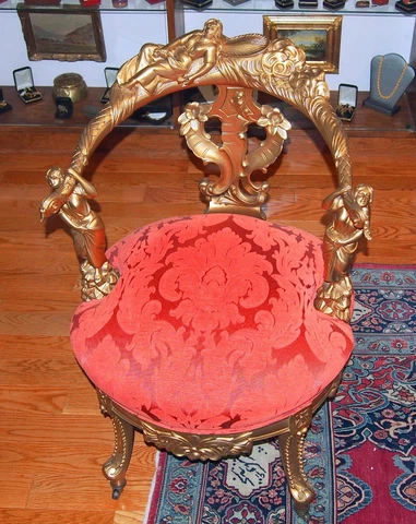 19 C HAND-CARVED GILT ARM CHAIR & 3 BEAUTY FLOWER DESIGN NEW UPHOLSTERY H=35" Cover