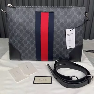 Gucci GG Supreme Web Crossboddy Canvas Stripe Medium Messenger Bag Black Leather - Picture 1 of 16