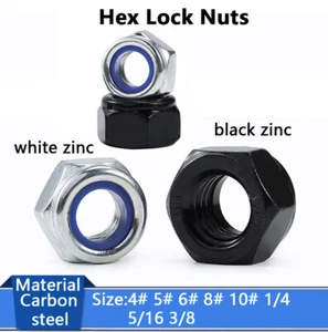 Hex Nylon Insert Lock Nut White Zinc/Black Zinc UNC 4# 5# 6# 8# 10# 1/4 5/16 3/8 - Picture 1 of 20