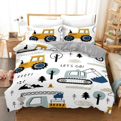 Housse de Couette 200x200 Adulte Enfant Voiture Grise de Dessin Animé Tracteu... - Photo 1/4