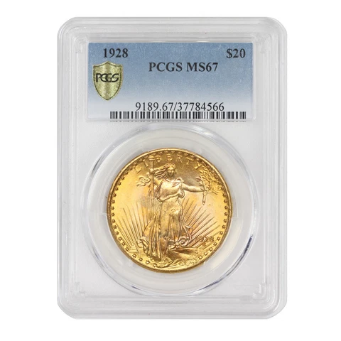 1928 $20 Gold Saint Gaudens PCGS MS67 Double Eagle CoinStats Gem graded coin Cover