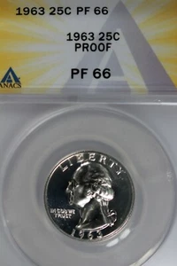 1963  .25  ANACS  PR 66   PROOF  Washington Quarter, Silver 25 Cents - Picture 1 of 2