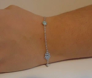 EVIL EYE W/ HAMSA CHAIN BRACELET/ 925 STERLING SILVER / 8'' ADJUSTABLE - Picture 1 of 6